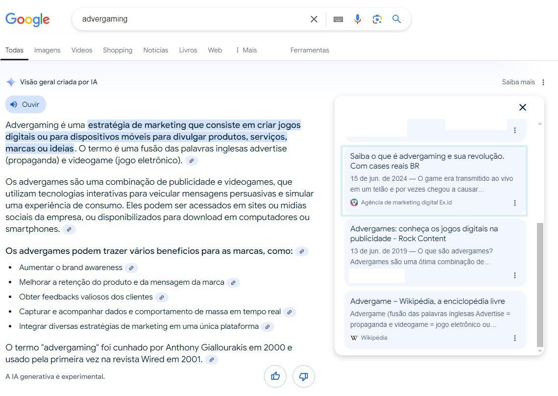 EX.ID exibida como fonte pela IA do Google no termo Advergaming