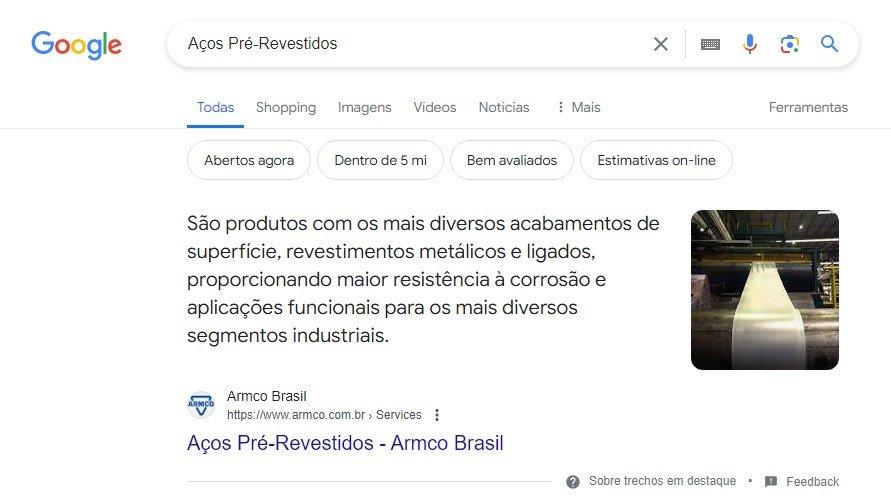 Trecho em destaque do Google para Aços Pré-Revestidos, com a ARMCO como fonte — case EX.ID