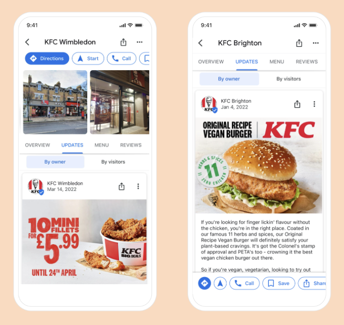 Perfis locais do KFC no Google com publicações e ofertas por unidade
