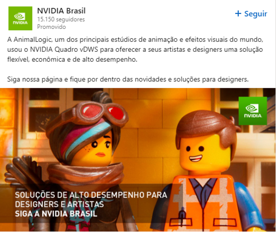 Post promovido NVIDIA Brasil no LinkedIn — soluções de alto desempenho para designers e artistas