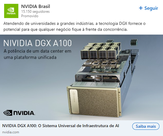 Post promovido NVIDIA Brasil no LinkedIn — NVIDIA DGX A100, infraestrutura de IA