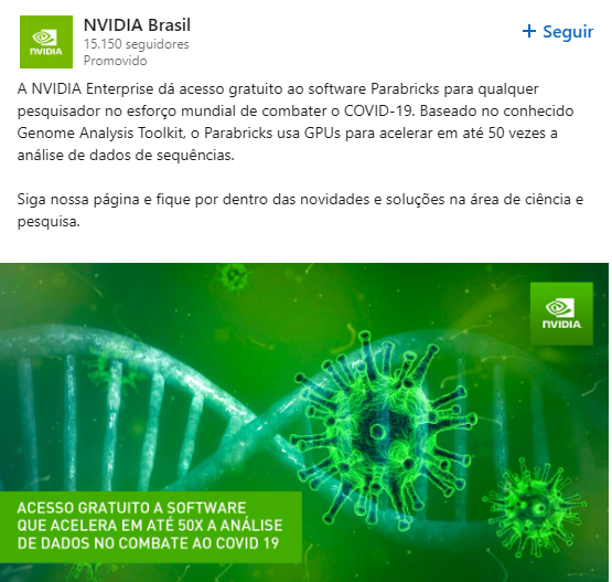 Post promovido NVIDIA Brasil — software Parabricks para acelerar análise genômica no combate à COVID-19