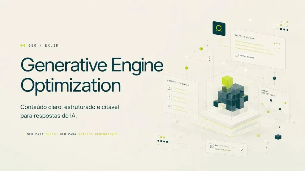 Ilustração de Generative Engine Optimization: conteúdo estruturado e dados conectados sendo transformados em resposta gerada por IA com fontes citadas