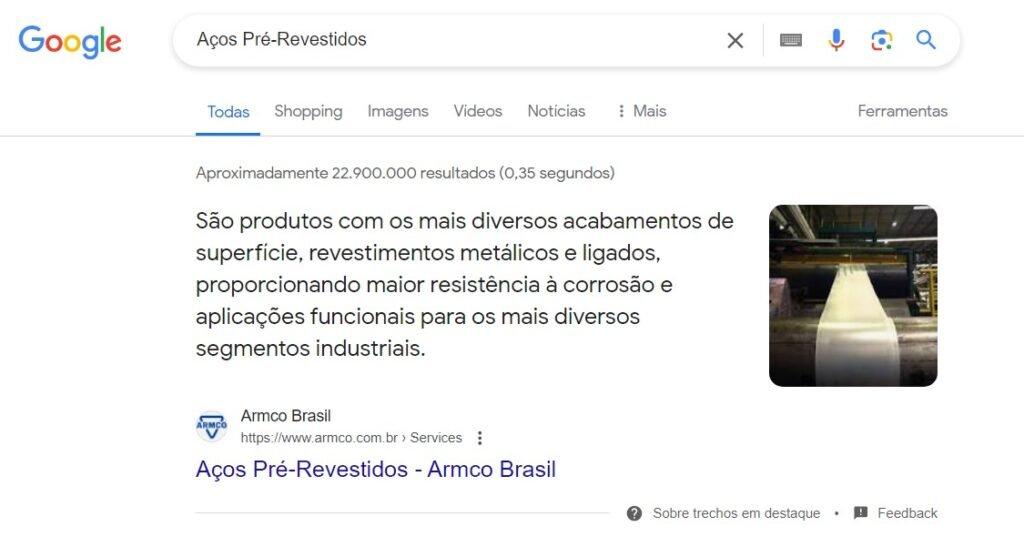 SEO de produto ARMCO no topo da primeira página do Google — entre 22,9 milhões de resultados